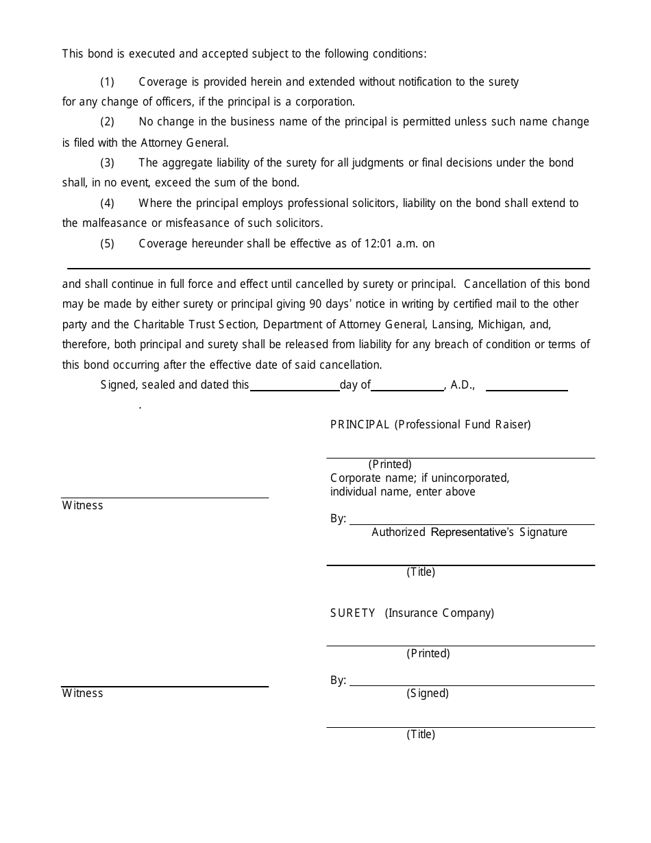 Form DAG009-085 Uniform Public Safety Professional Fund Raiser Surety Bond - Renewal - Michigan, Page 2