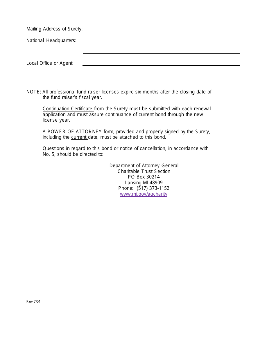 Form DAG009-085 Uniform Public Safety Professional Fund Raiser Surety Bond - Renewal - Michigan, Page 3