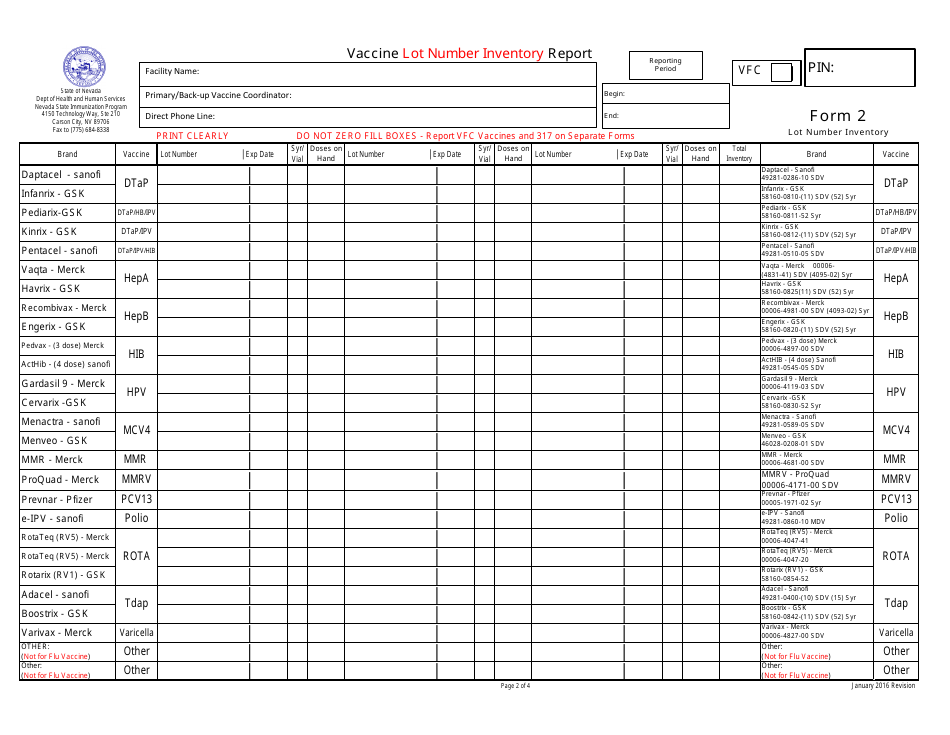 Form 2 Vaccine Lot Number Inventory Report - Nevada, Page 1