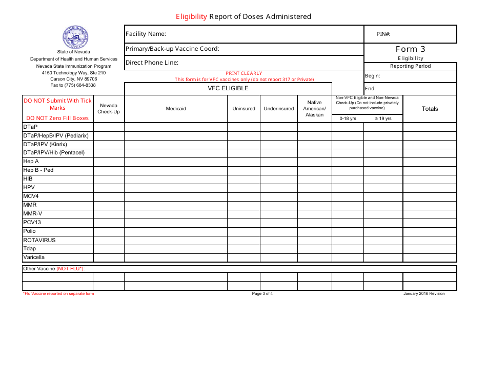 Form 3 Eligibility Report of Doses Administered - Nevada, Page 1