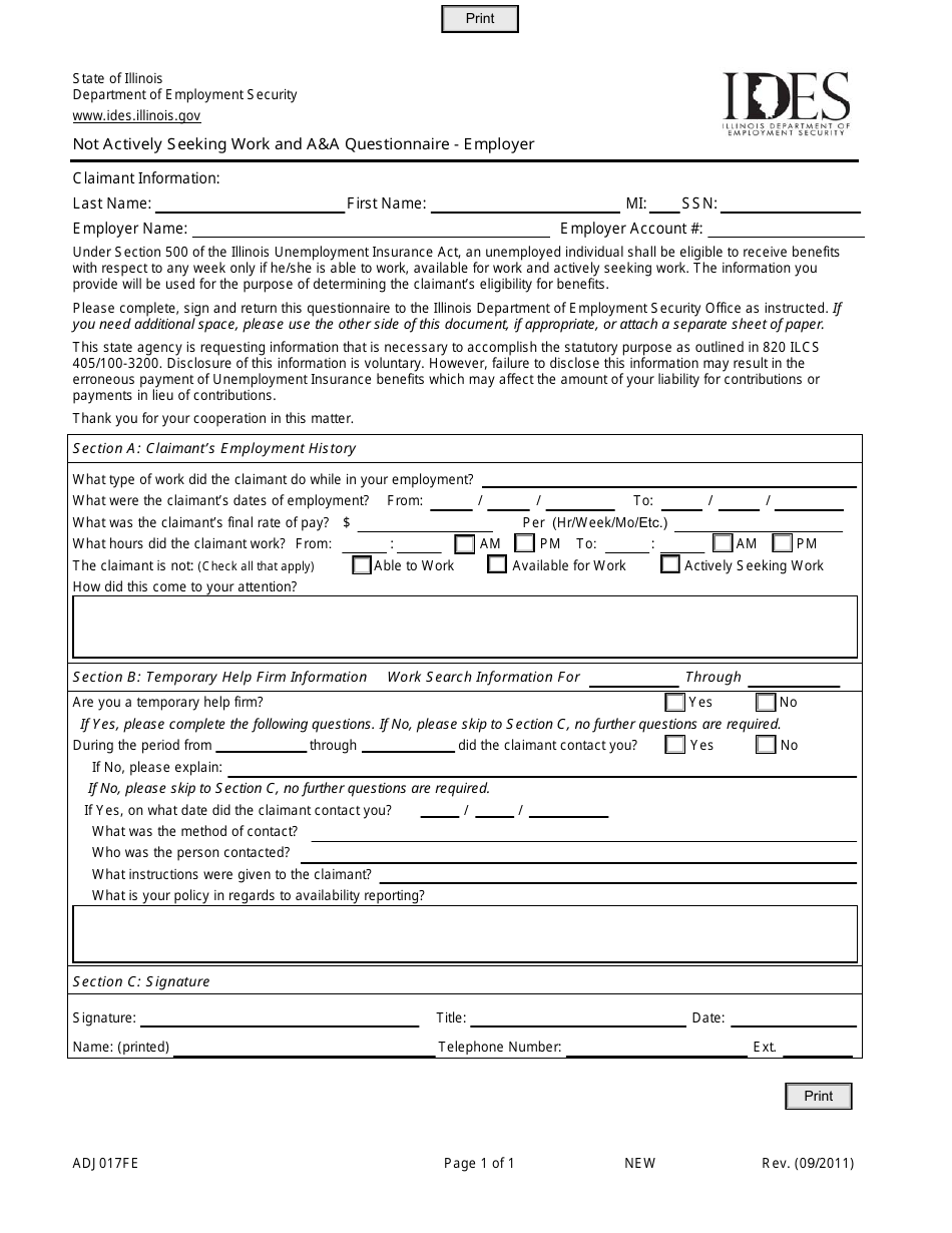 Form ADJ017FE Not Actively Seeking Work and aa Questionnaire - Employer - Illinois, Page 1