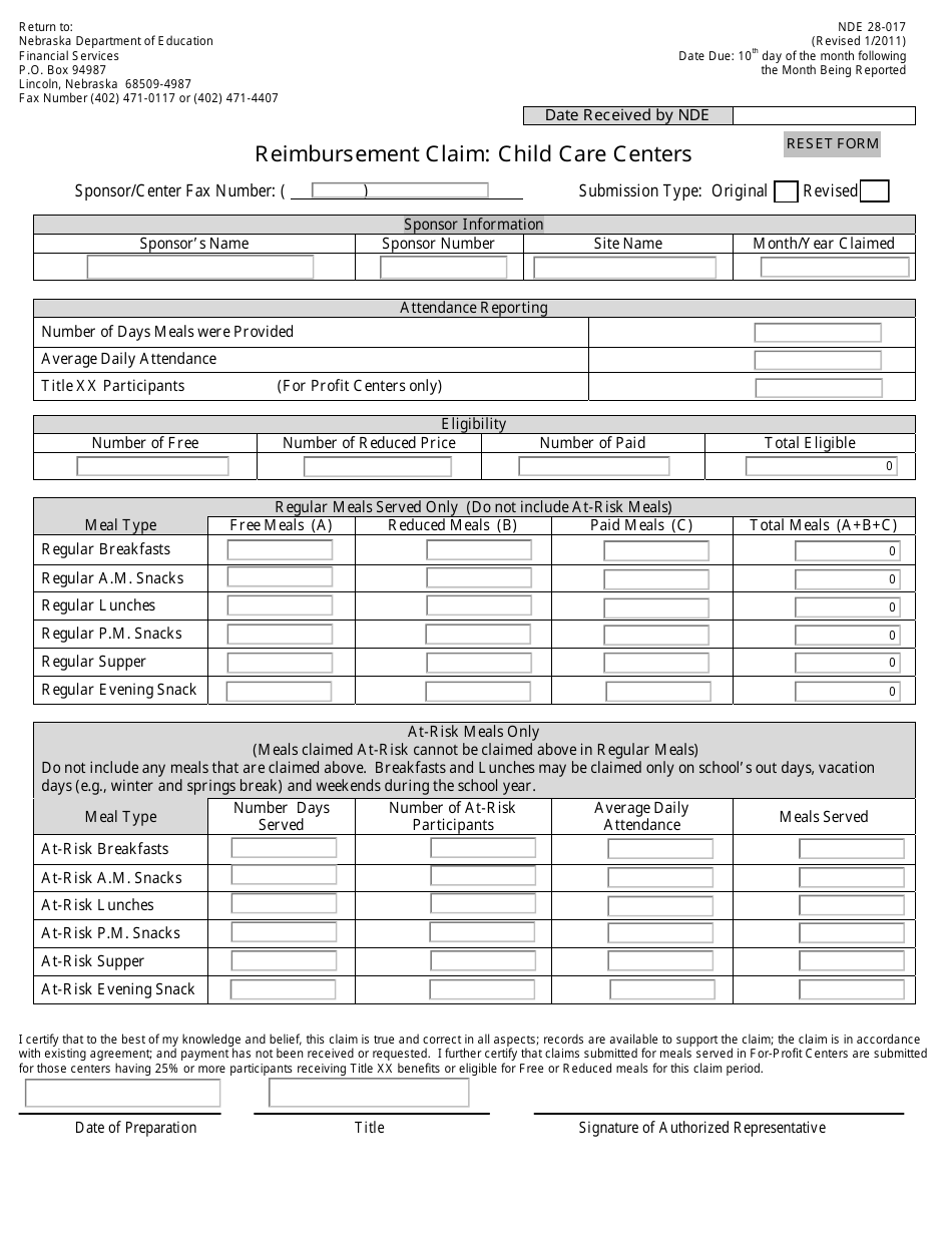 NDE Form 28-017 Reimbursement Claim: Child Care Centers - Nebraska, Page 1