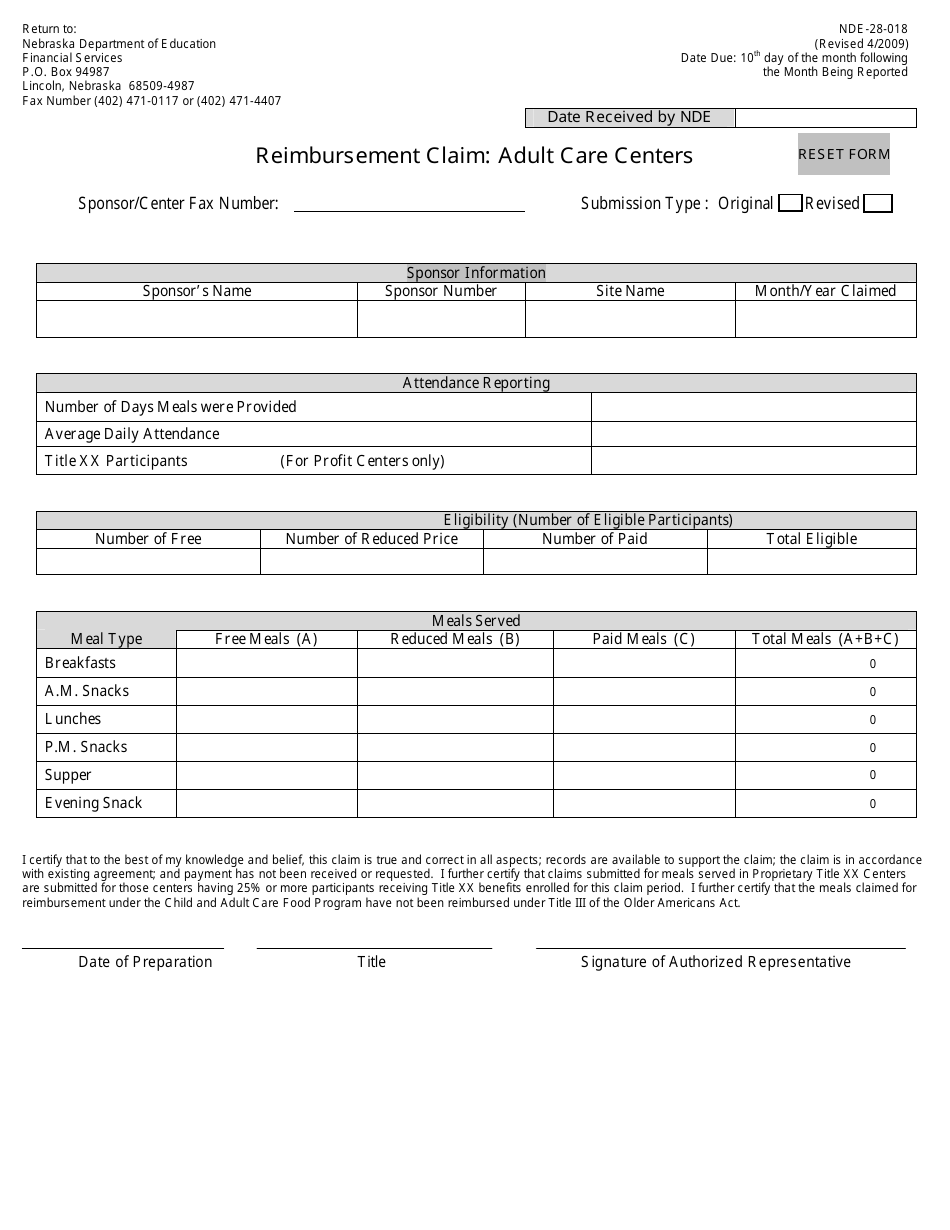 NDE Form 28-018 Reimbursement Claim: Adult Care Centers - Nebraska, Page 1
