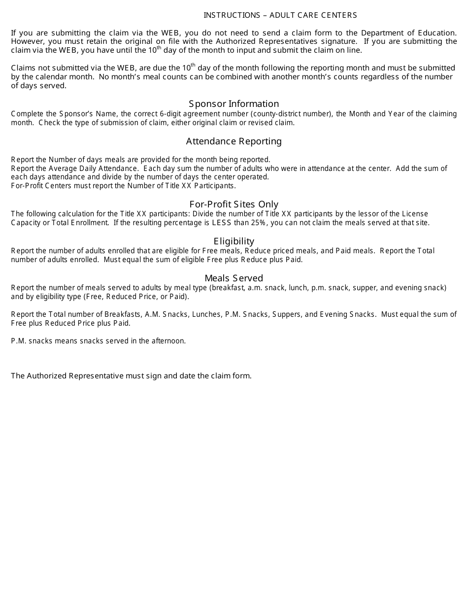NDE Form 28-018 Reimbursement Claim: Adult Care Centers - Nebraska, Page 2