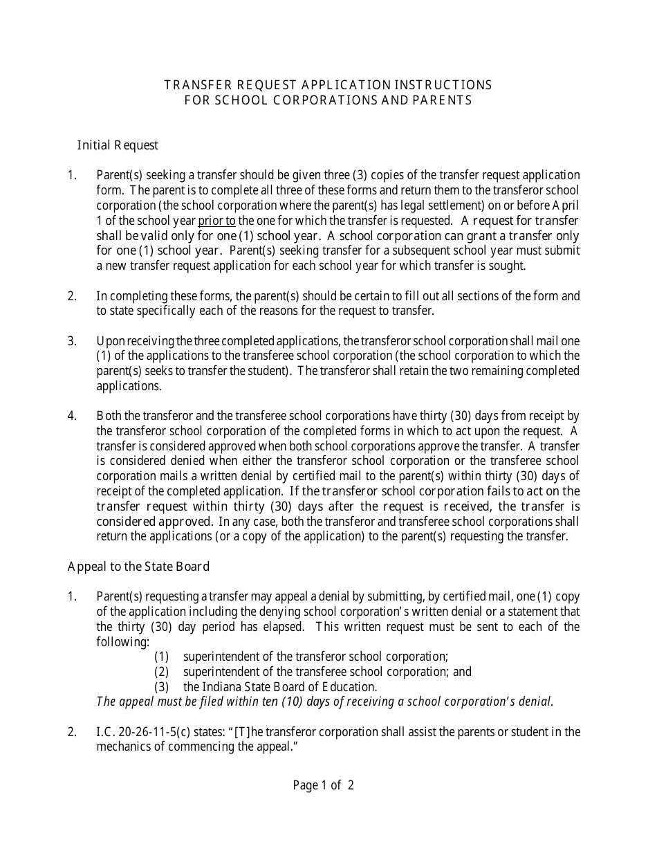 Transfer Request Application Form - Indiana, Page 1