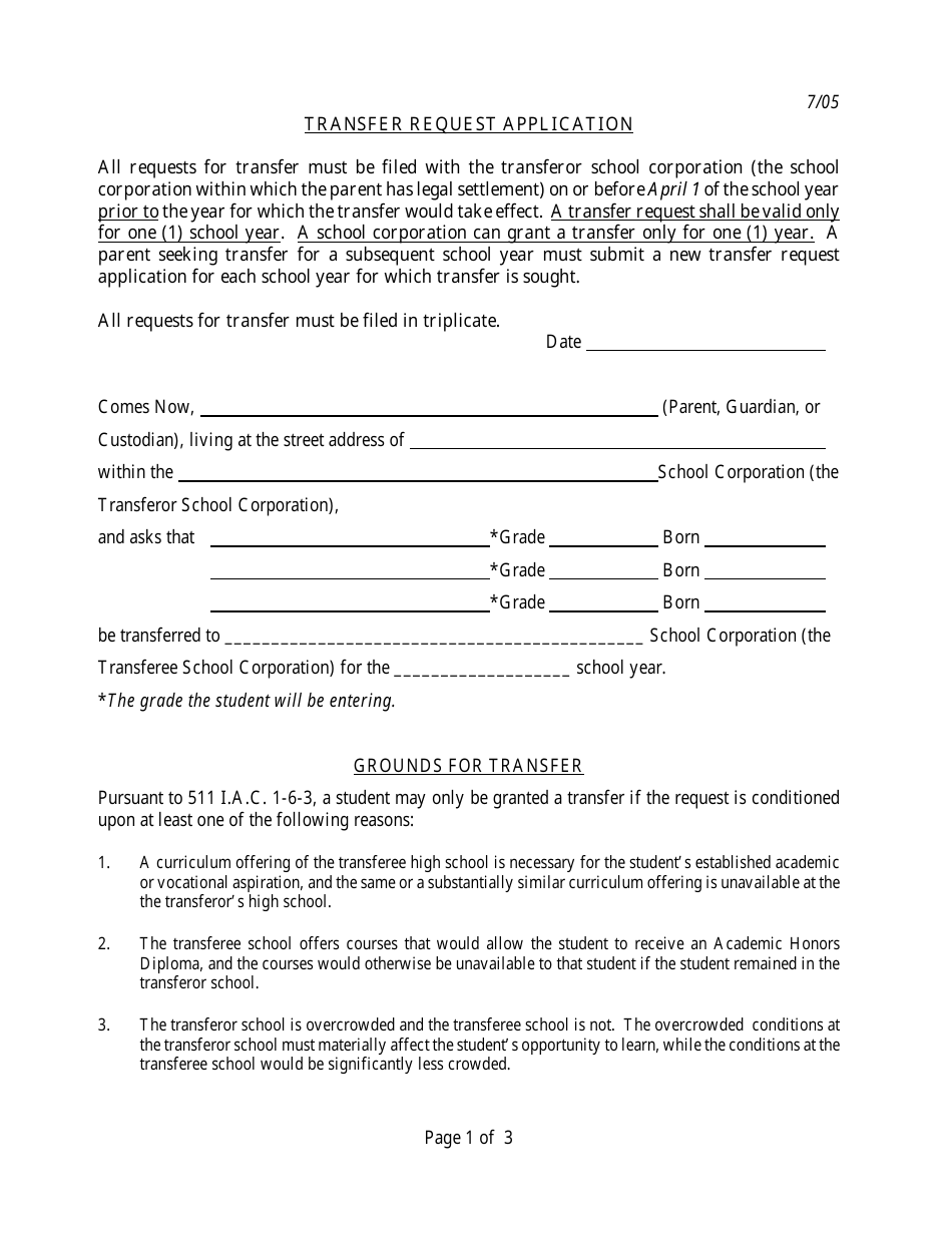 Transfer Request Application Form - Indiana, Page 3