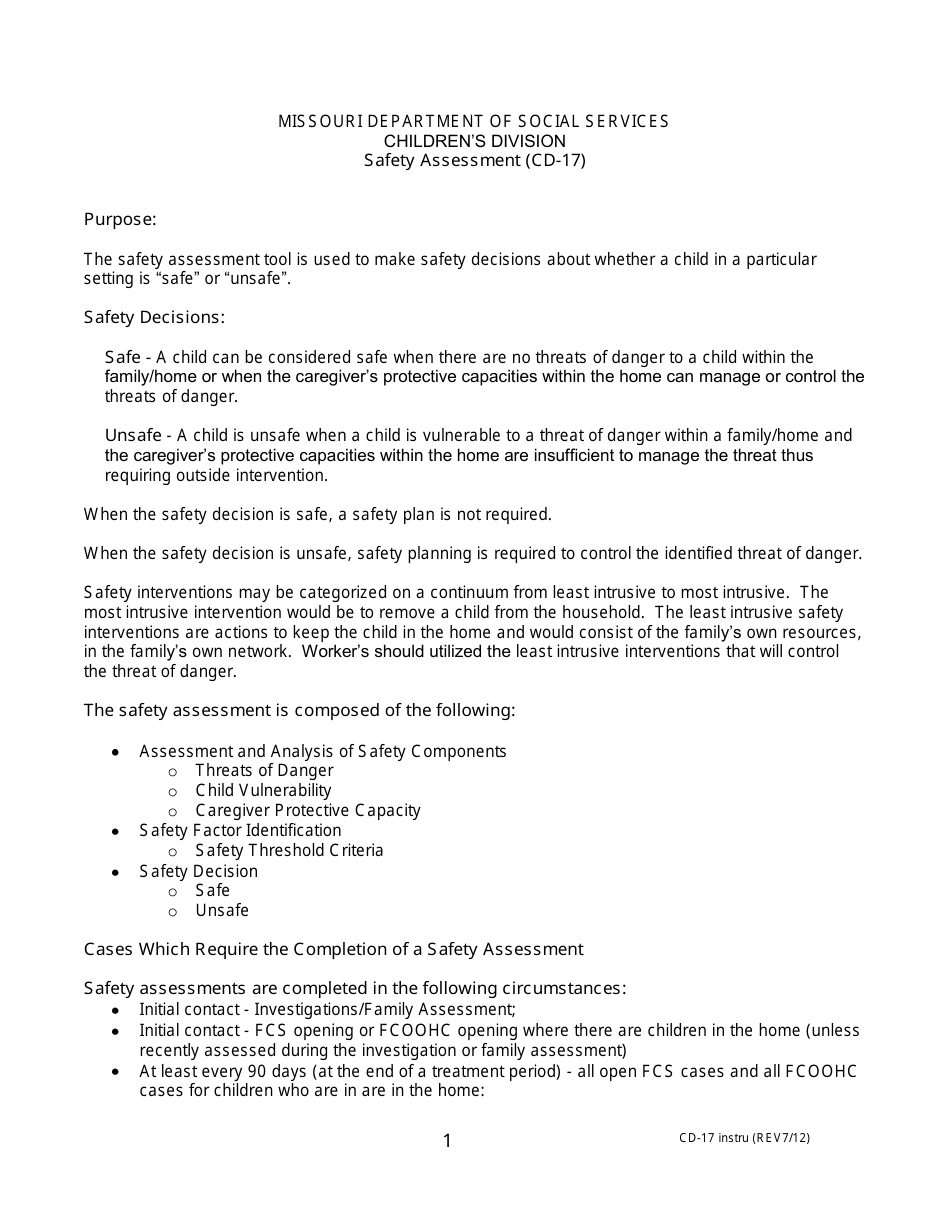 Download Instructions for Form CD17 Safety Assessment PDF Templateroller