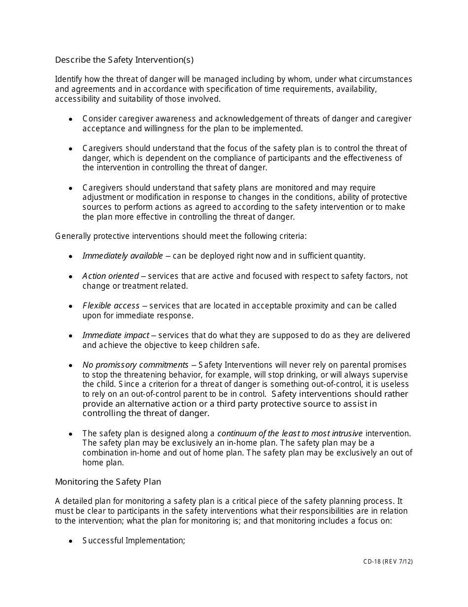 Instructions for Form CD-18 Safety Plan - Missouri, Page 2