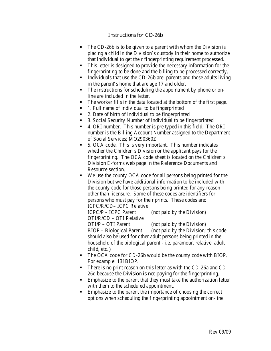 Instructions for Form CD-26B Finger Print Authorization Letter to Parents - Missouri, Page 1