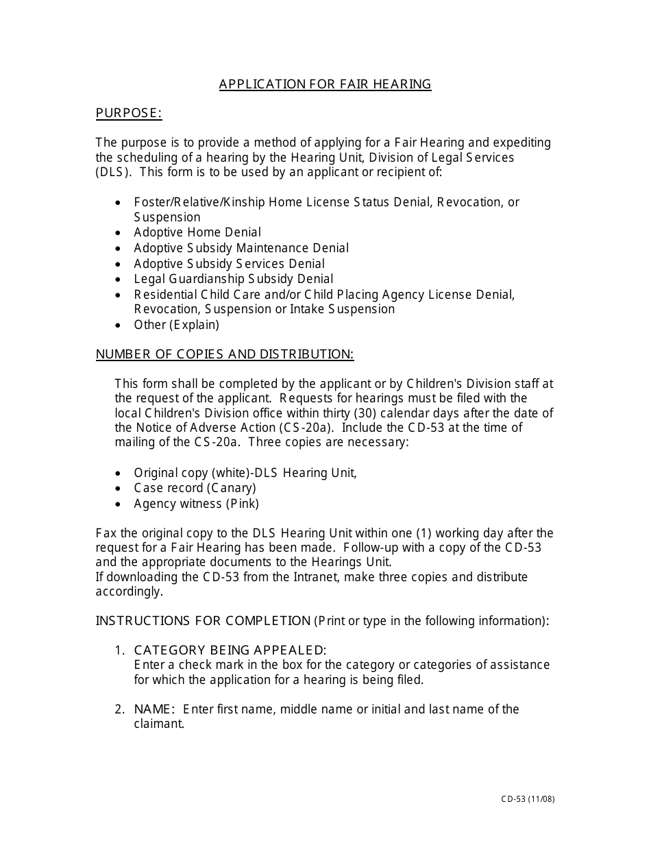 Download Instructions for Form CD53 Application for Fair Hearing PDF