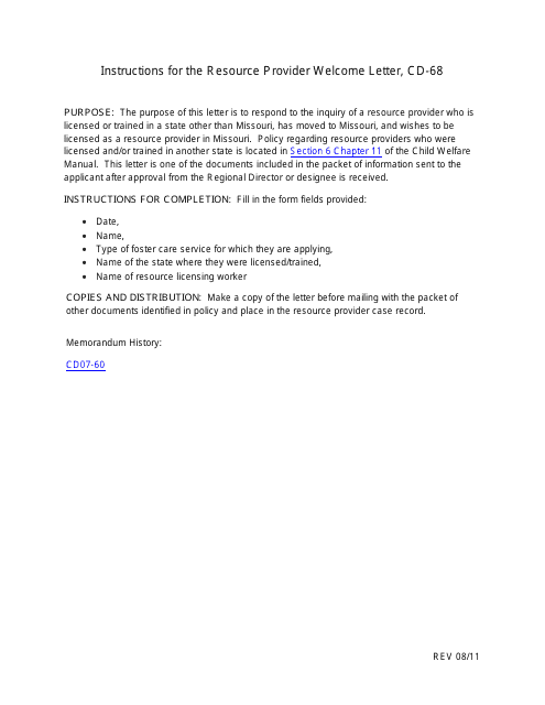 Instructions for Form CD-68 Resource Provider Welcome Letter - Missouri