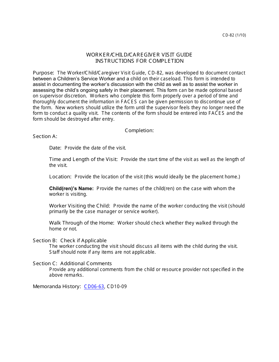 Instructions for Form CD-82 Worker / Child / Caregiver Visit Guide - Missouri, Page 1