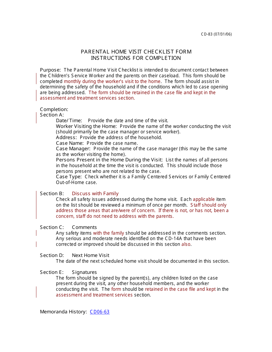 Instructions for Form CD-83 Parental Home Visit Checklist Form - Missouri, Page 1