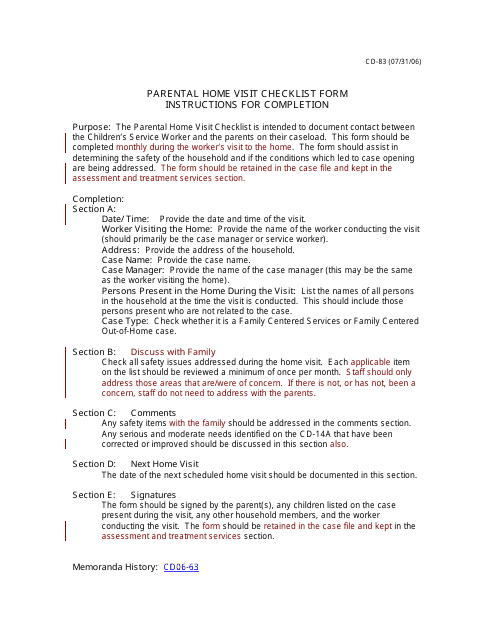 Instructions for Form CD-83 Parental Home Visit Checklist Form - Missouri