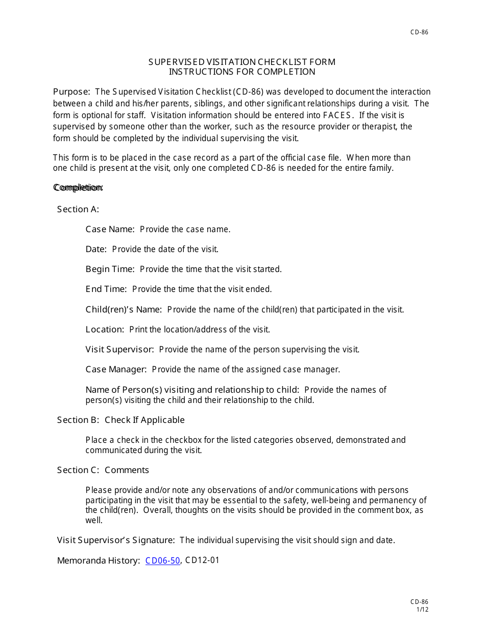 Download Instructions for Form CD86 Supervised Visitation Checklist