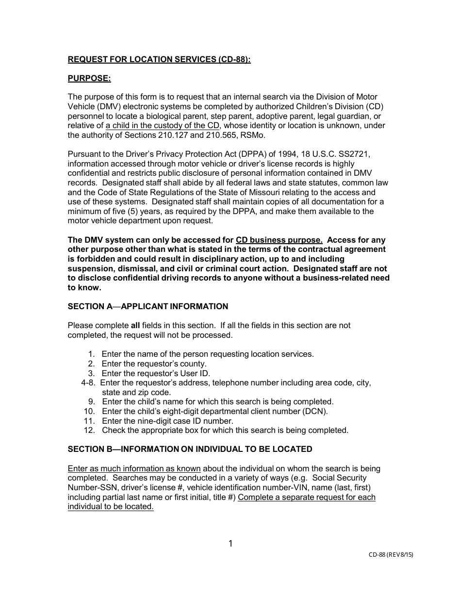 Instructions for Form CD-88 Request for Location Services - Missouri, Page 1