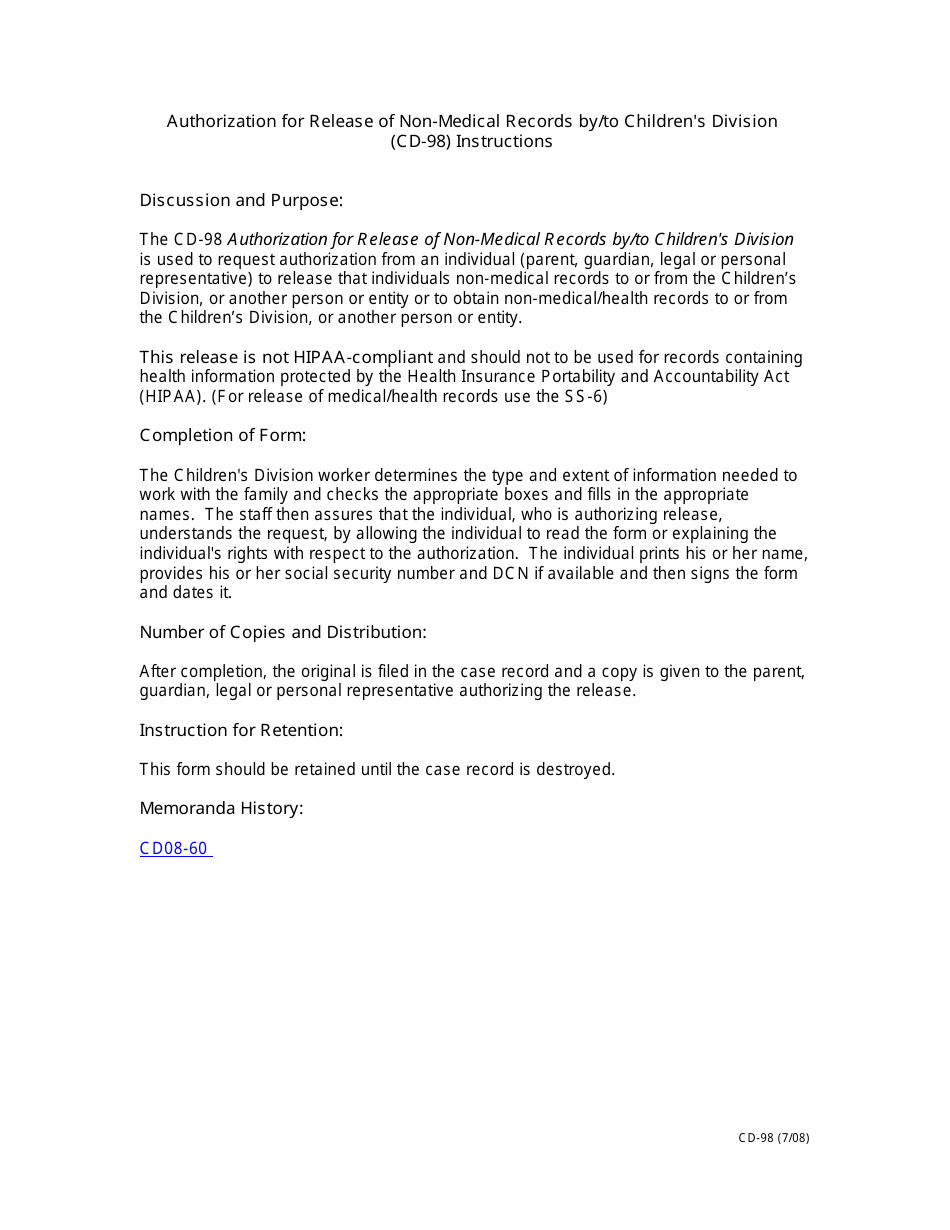 Download Instructions for Form CD98 Authorization for Release of Non