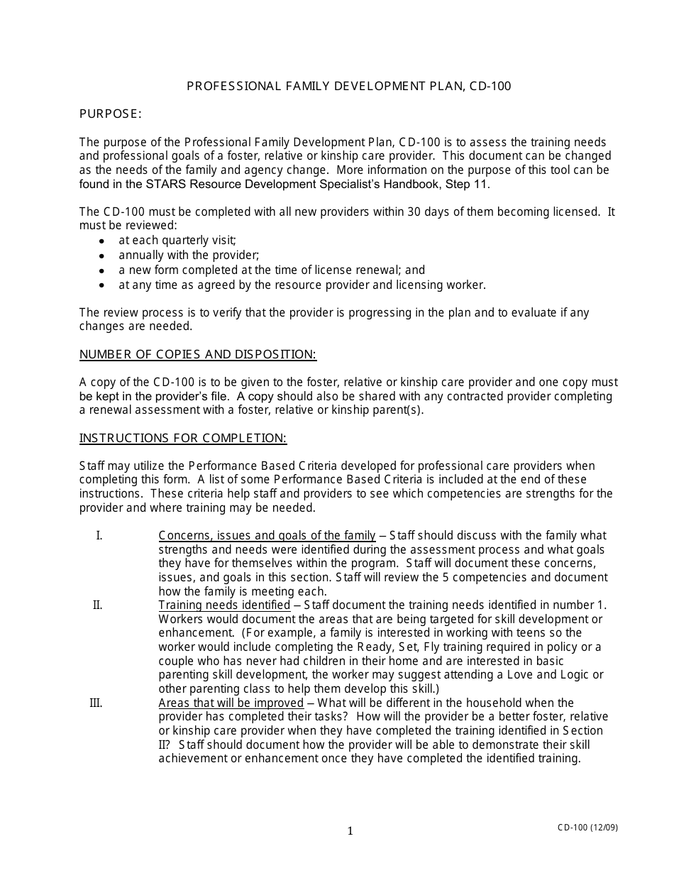 Instructions for Form CD-100 Professional Family Development Plan - Missouri, Page 1