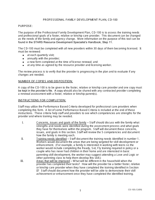 Instructions for Form CD-100 Professional Family Development Plan - Missouri