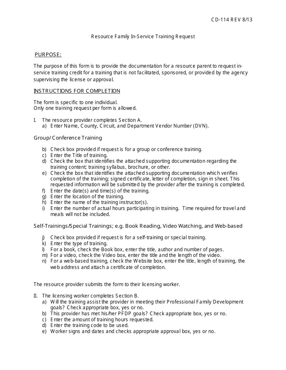 Instructions for Form CD-114 Resource Family In-Service Training Request - Missouri, Page 1