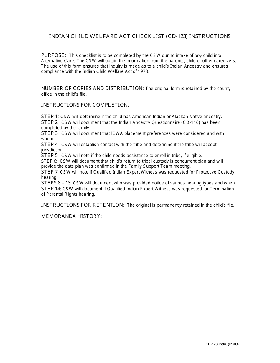 Instructions for Form CD-123 Indian Child Welfare Act Checklist - Missouri, Page 1