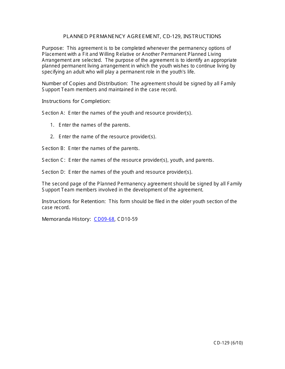 Instructions for Form CD-129 Planned Permanency Agreement - Missouri, Page 1