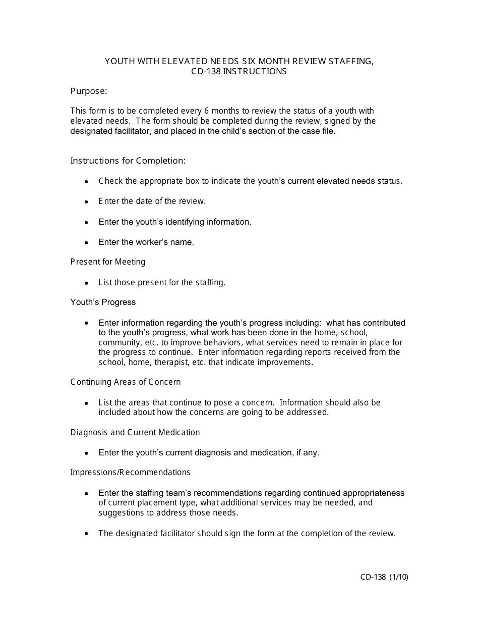 Instructions for Form CD-138 Youth With Elevated Needs Six Month Review Staffing - Missouri, Page 1