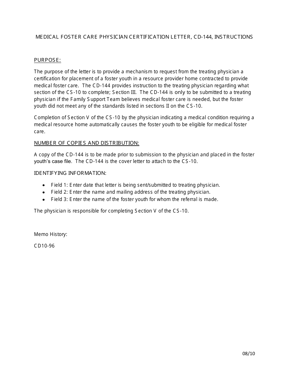Instructions for Form CD-144 Medical Foster Care Physician Certification Letter - Missouri, Page 1