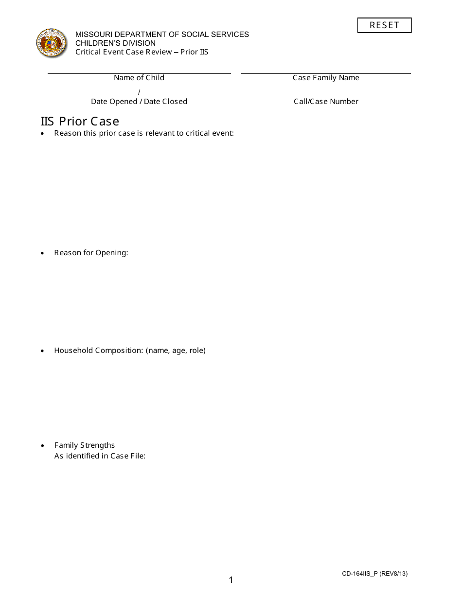 Form CD-164IIS_P Critical Event Case Review - Prior Iis - Missouri, Page 1