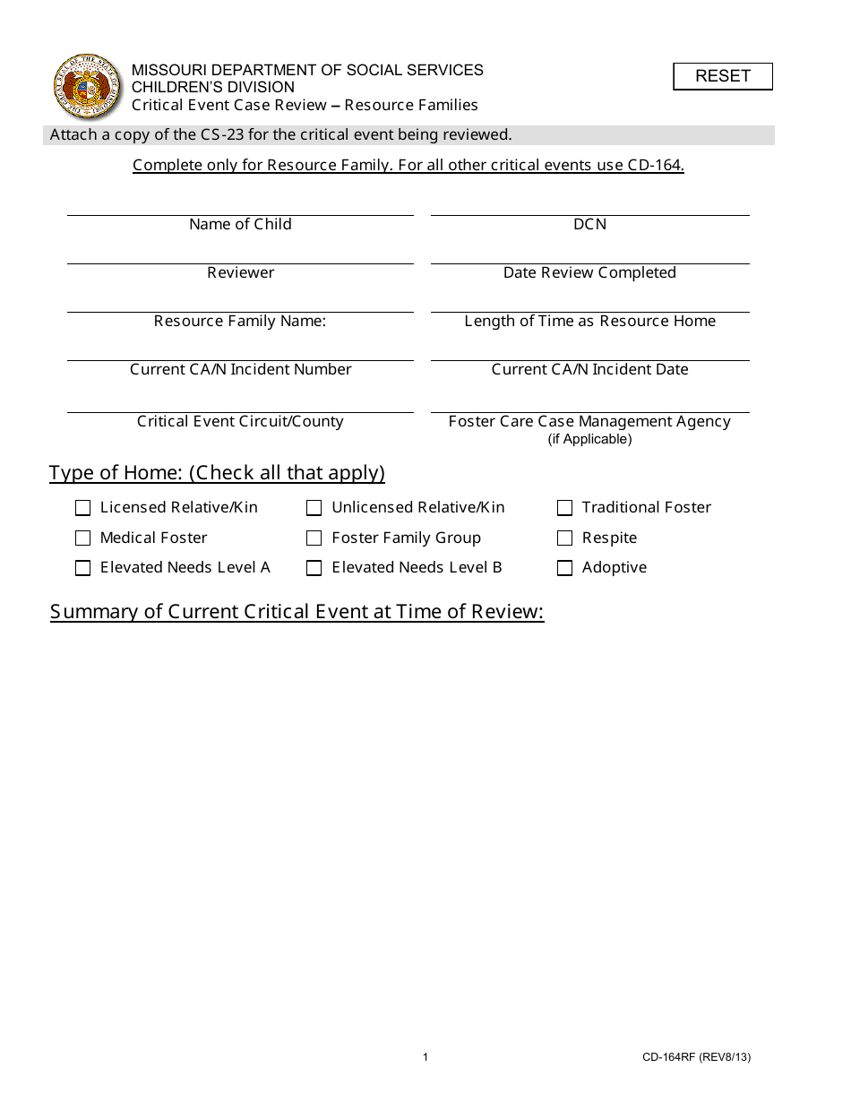 Form CD-164RF Critical Event Case Review - Resource Families - Missouri, Page 1