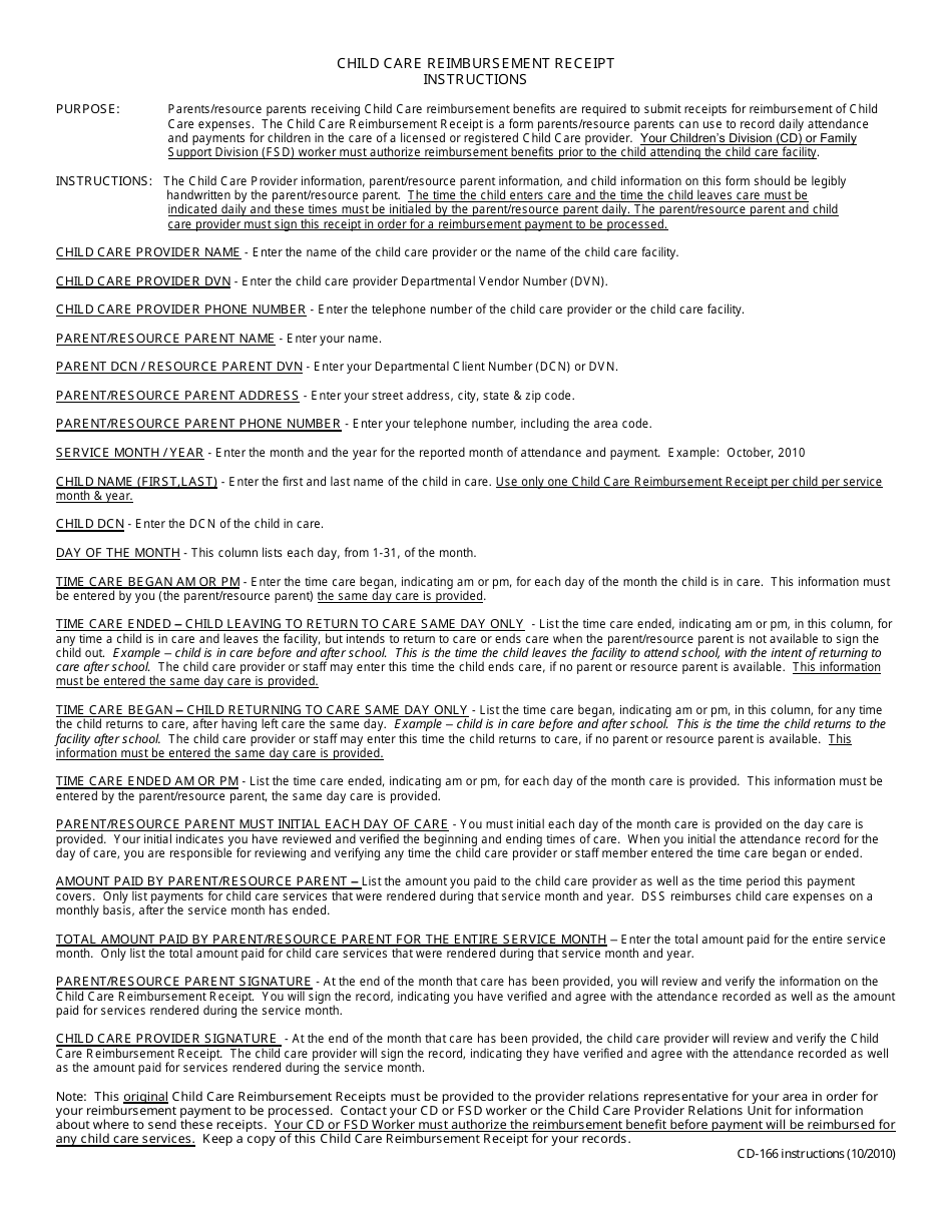 Instructions for Form CD-166 Child Care Reimbursement Receipt - Missouri, Page 1