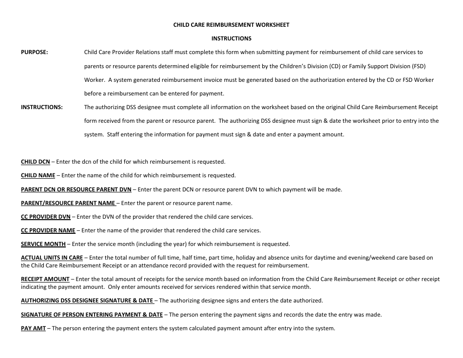Instructions for Form CD-167 Child Care Reimbursement Worksheet - Missouri, Page 1