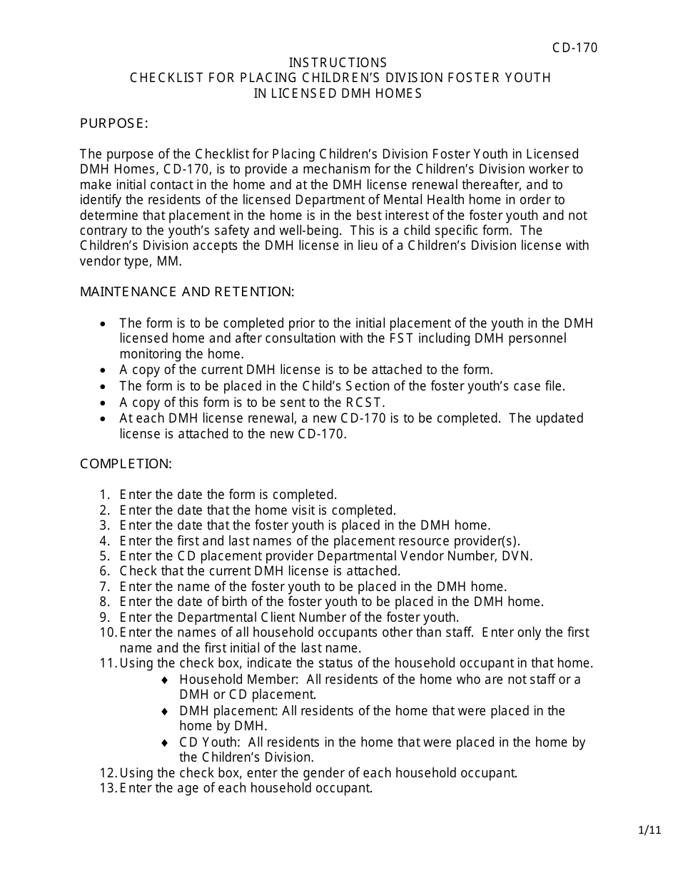 Instructions for Form CD-170 Checklist for Placing Childrens Division Foster Youth in Licensed Dmh Homes - Missouri, Page 1