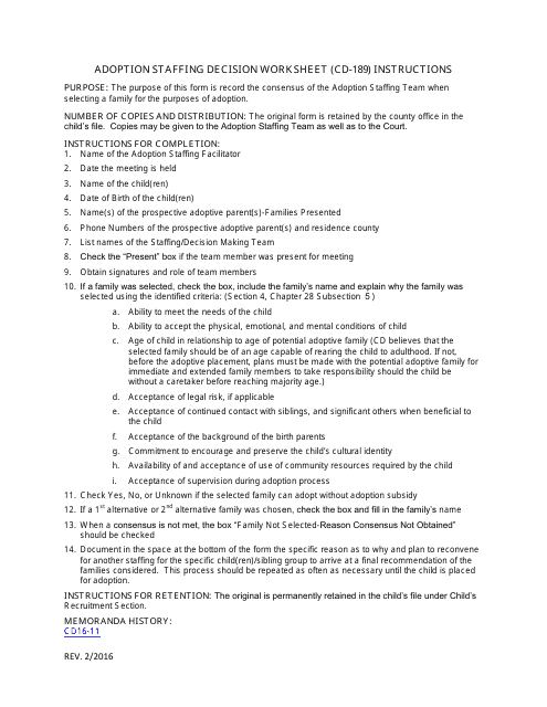 Instructions for Form CD-189 Adoption Staffing Decision Worksheet - Missouri