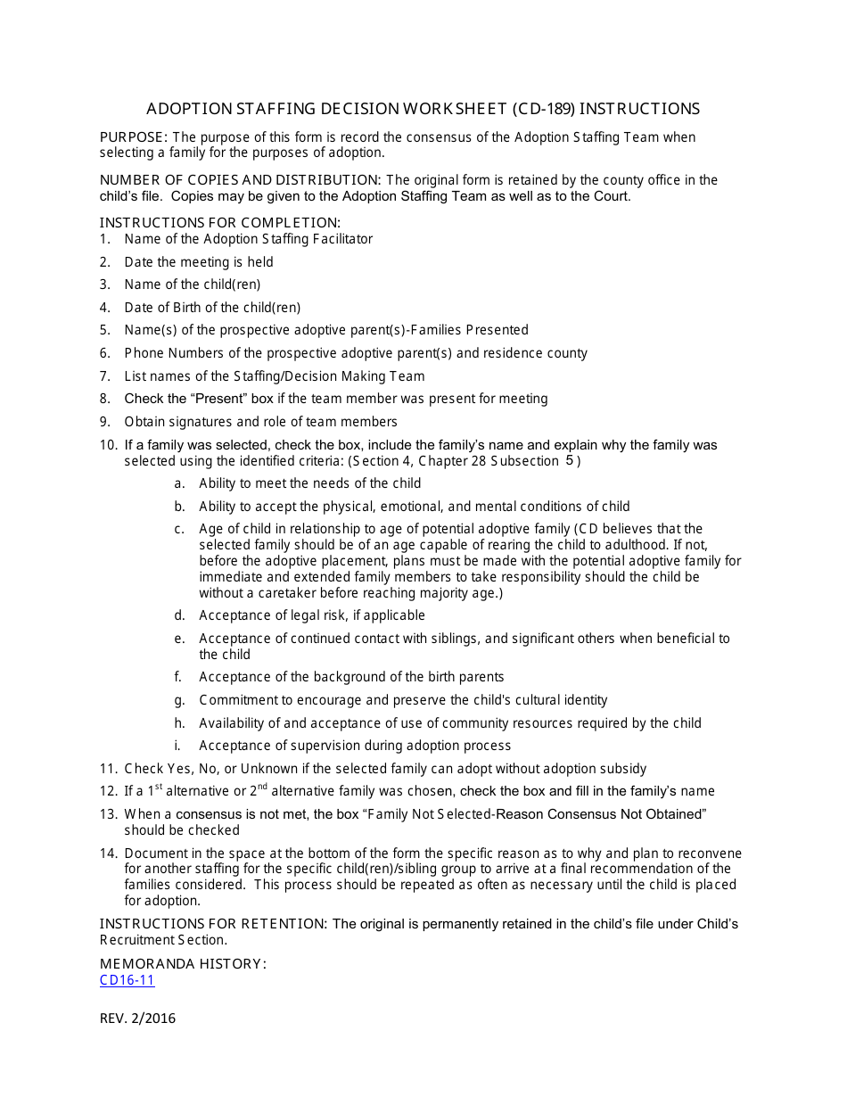 Instructions for Form CD-189 Adoption Staffing Decision Worksheet - Missouri, Page 1
