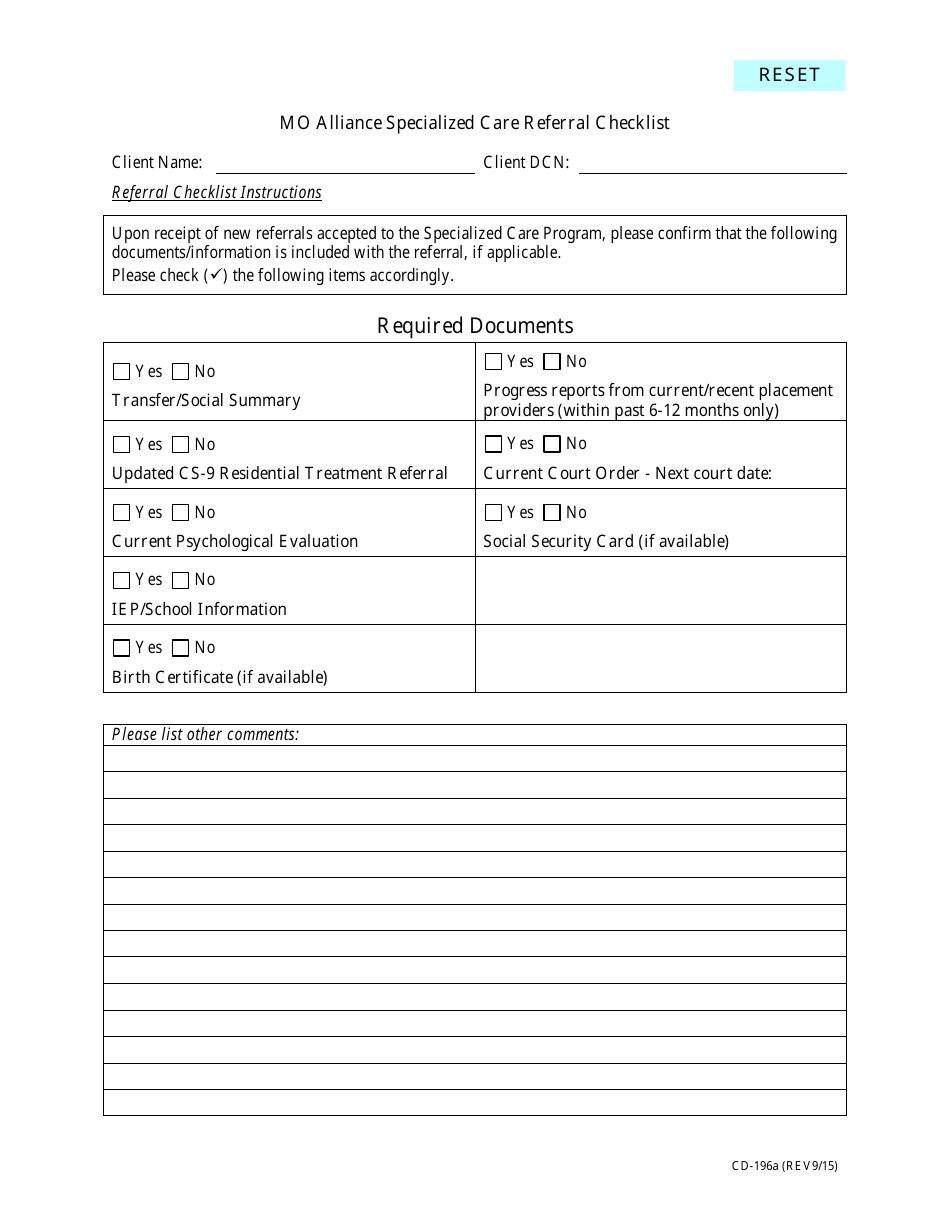 Form CD-196A Mo Alliance Specialized Care Referral Checklist - Missouri, Page 1