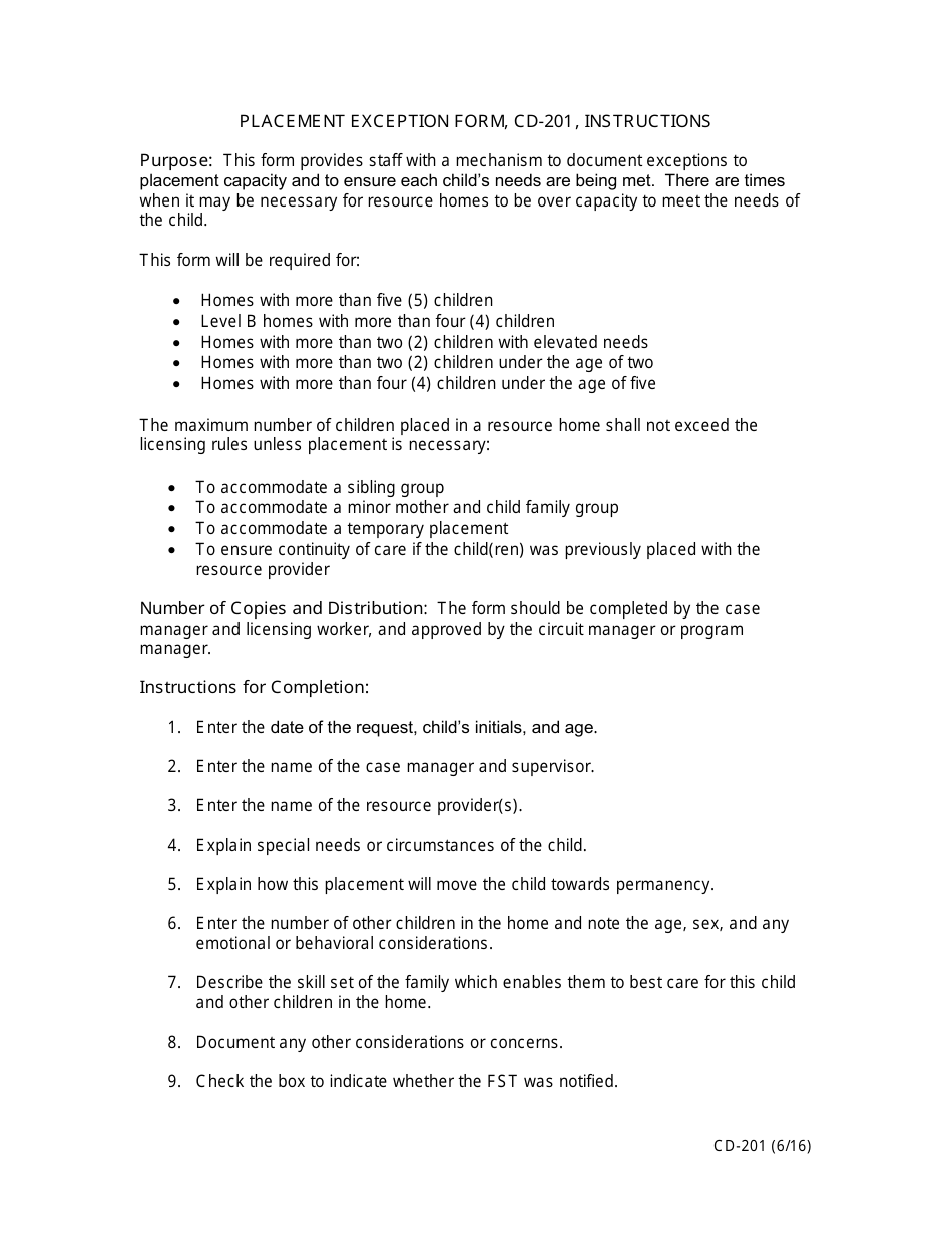 Instructions for Form CD-201 Placement Exception Form - Missouri, Page 1