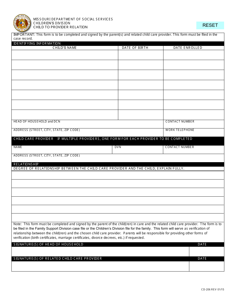 Form CD-206 Child to Provider Relation - Missouri, Page 1