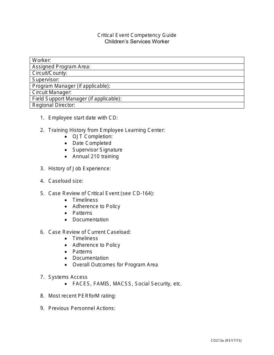 Form CD-213A Critical Event Competency Guide - Childrens Services Worker - Missouri, Page 1