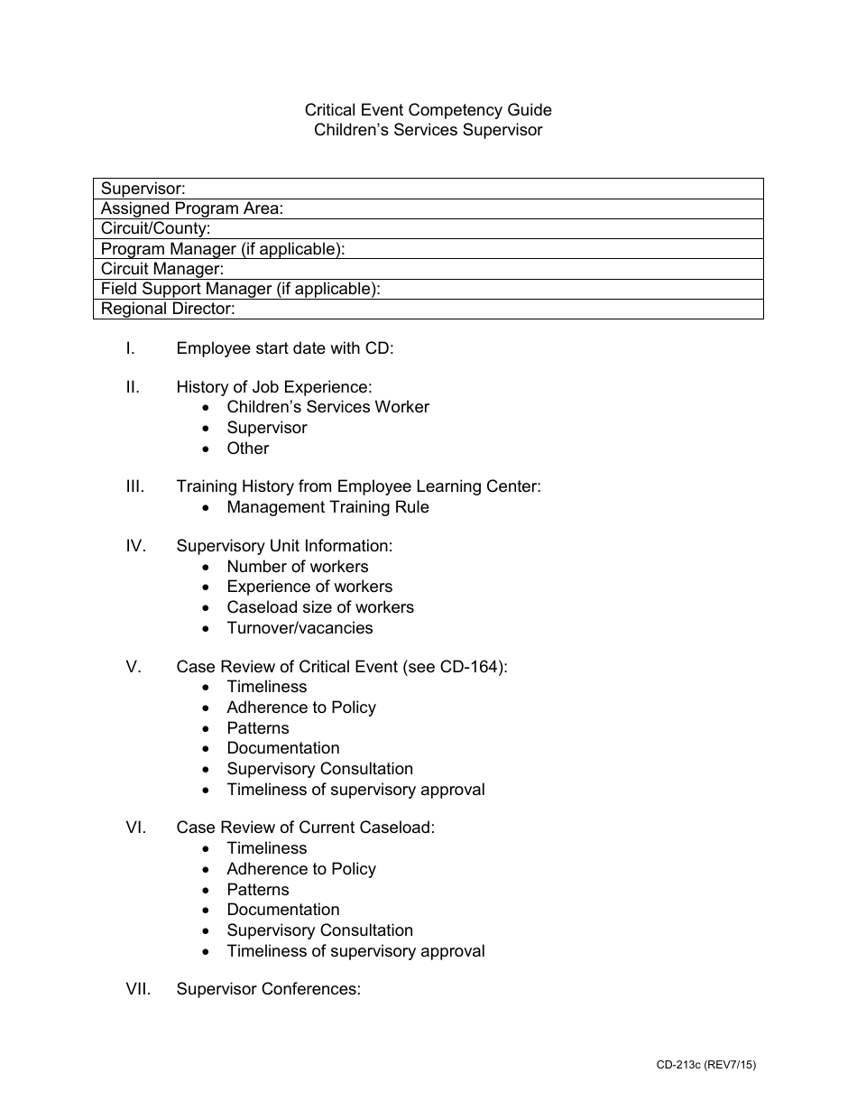 Form CD-213C Critical Event Competency Guide Childrens Services Supervisor - Missouri, Page 1