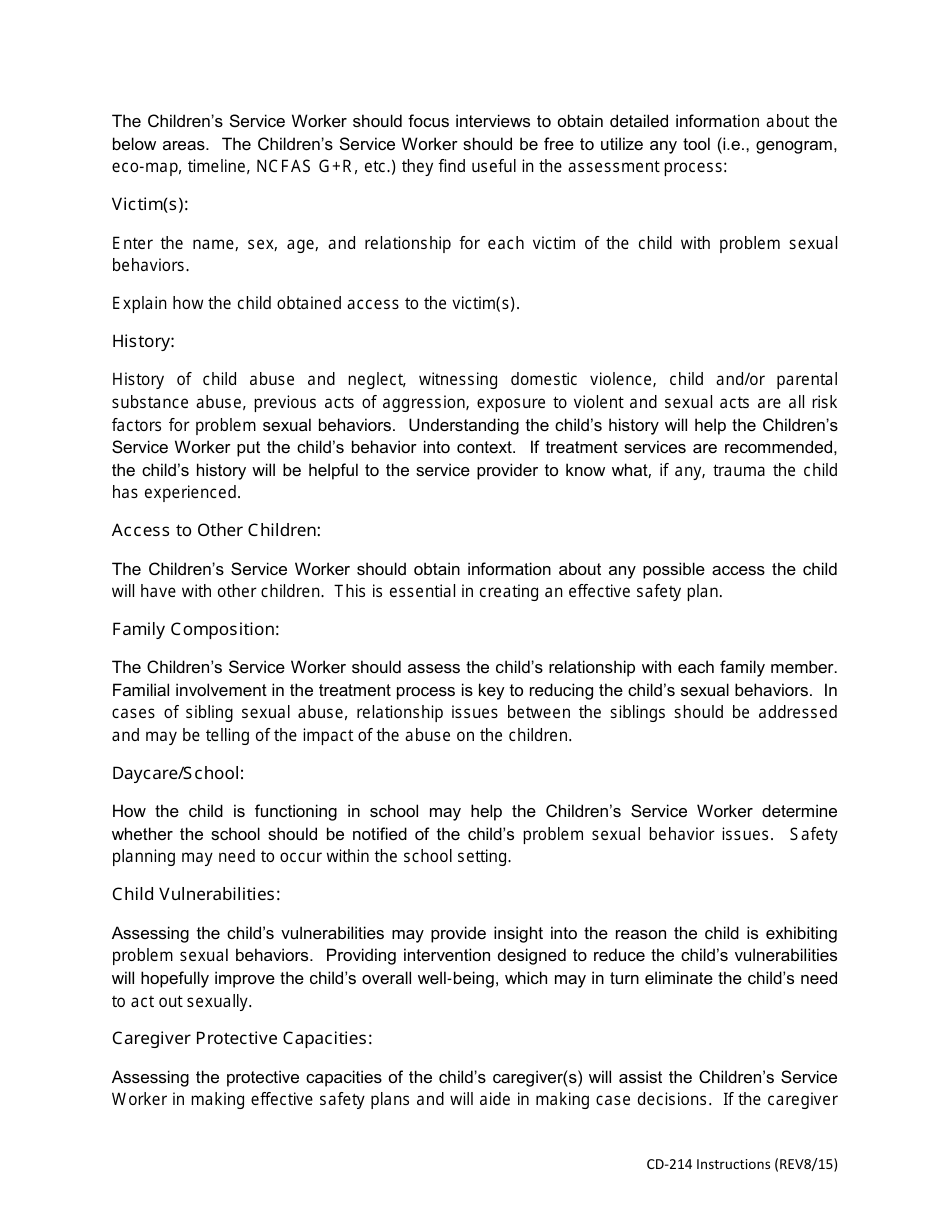 Instructions for Form CD-214 Children With Problem Sexual Behaviors Assessment Tool - Missouri, Page 3