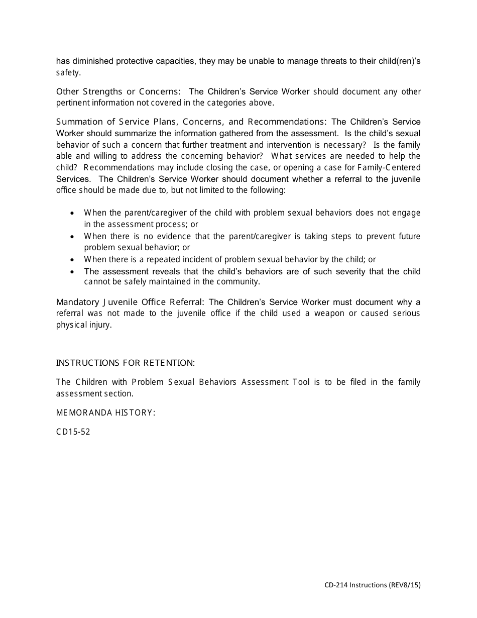 Instructions for Form CD-214 Children With Problem Sexual Behaviors Assessment Tool - Missouri, Page 4