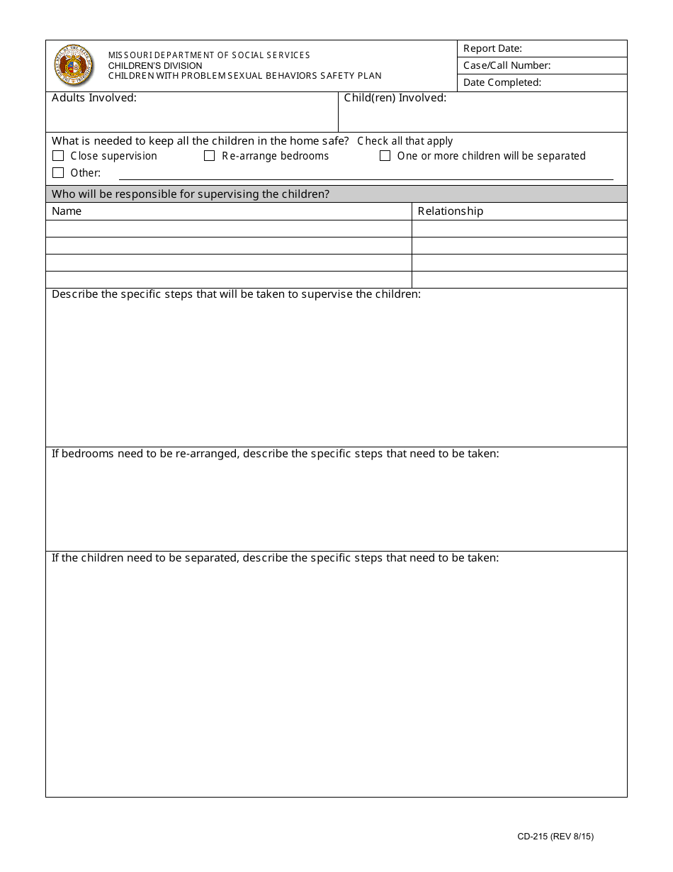 Form CD-215 Children With Problem Sexual Behaviors Safety Plan - Missouri, Page 1
