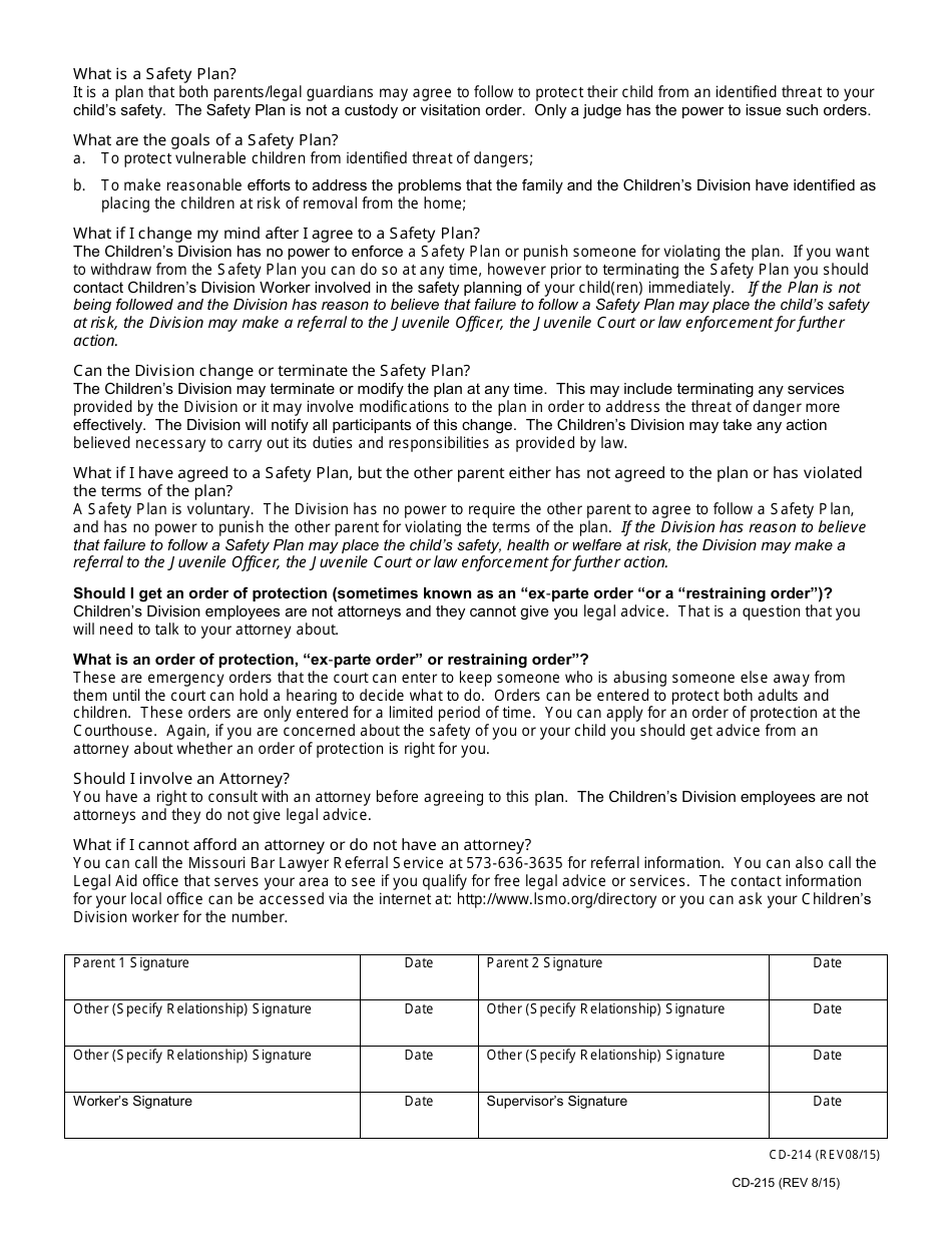 Form CD-215 Children With Problem Sexual Behaviors Safety Plan - Missouri, Page 3