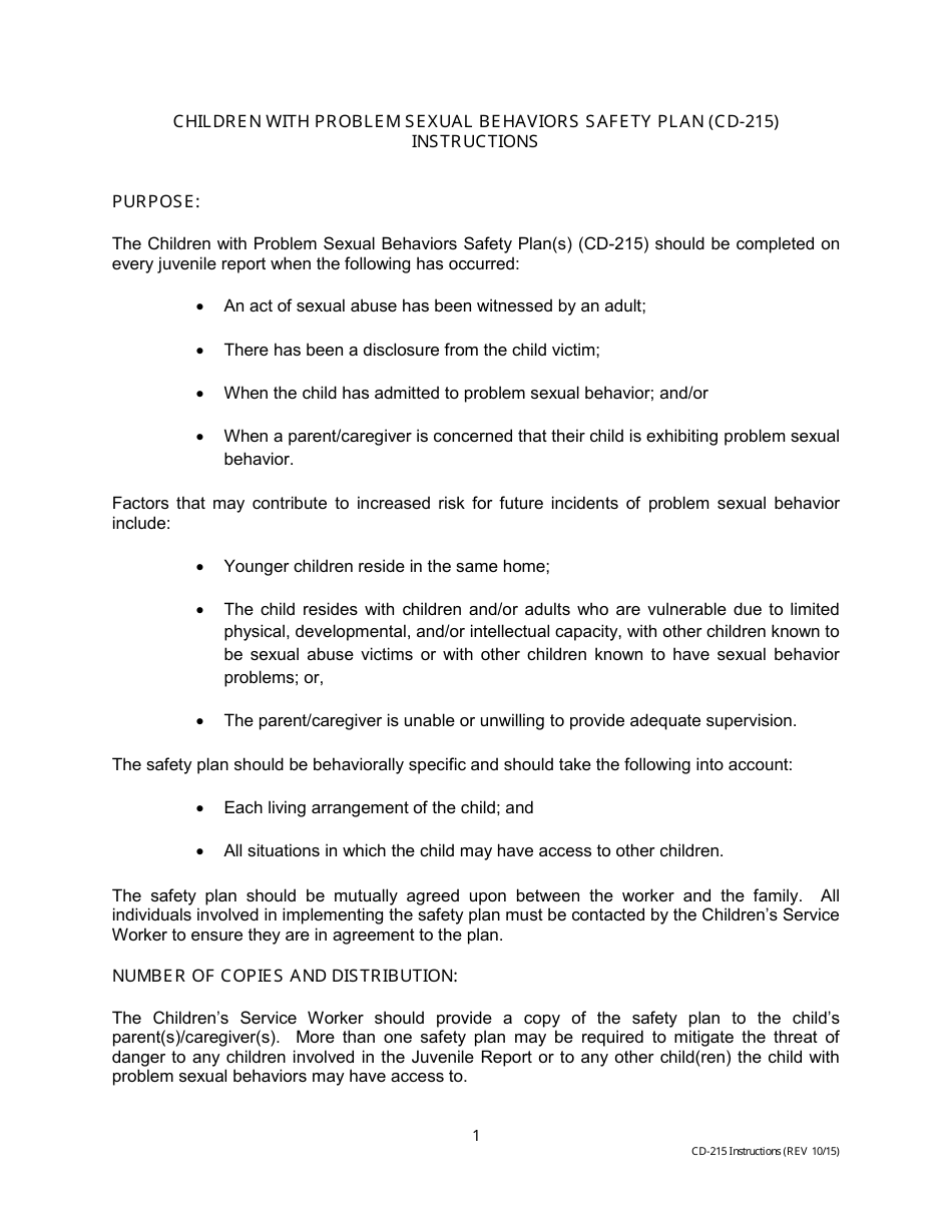 Instructions for Form CD-215 Children With Problem Sexual Behaviors Safety Plan - Missouri, Page 1