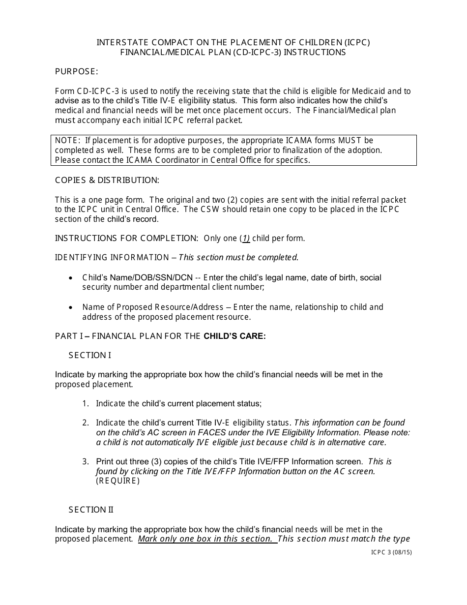Instructions for Form CD-ICPC-3 Interstate Compact on the Placement of Children (Icpc) Financial / Medical Plan - Missouri, Page 1