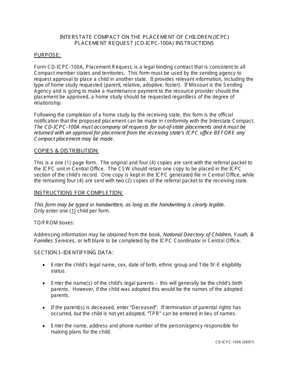 Instructions for Form CD-ICPC-100A Placement Request - Interstate Compact on the Placement of Children (Icpc) - Missouri, Page 1