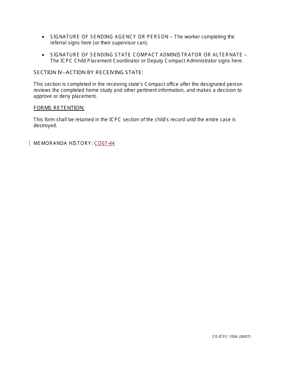 Instructions for Form CD-ICPC-100A Placement Request - Interstate Compact on the Placement of Children (Icpc) - Missouri, Page 4