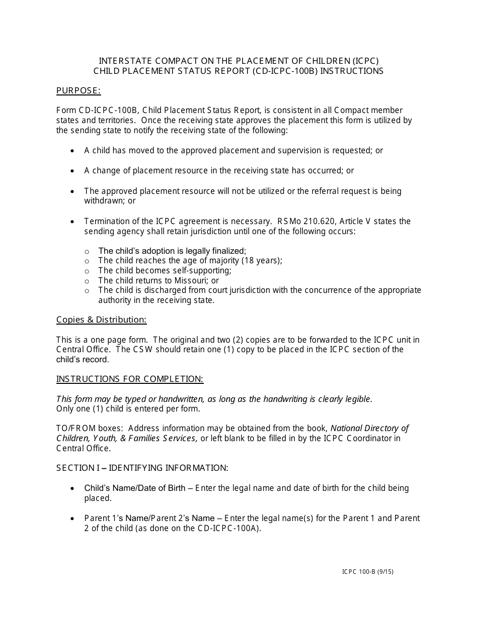Instructions for Form CD-ICPC-100B Child Placement Status Report - Interstate Compact on the Placement of Children (Icpc) - Missouri, Page 1