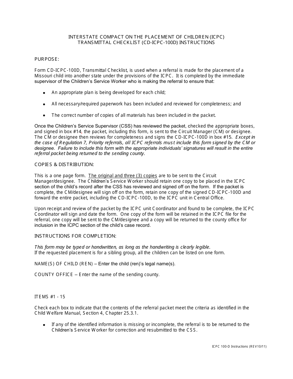 Instructions for Form CD-ICPC-100D Transmittal Checklist - Interstate Compact on the Placement of Children (Icpc) - Missouri, Page 1